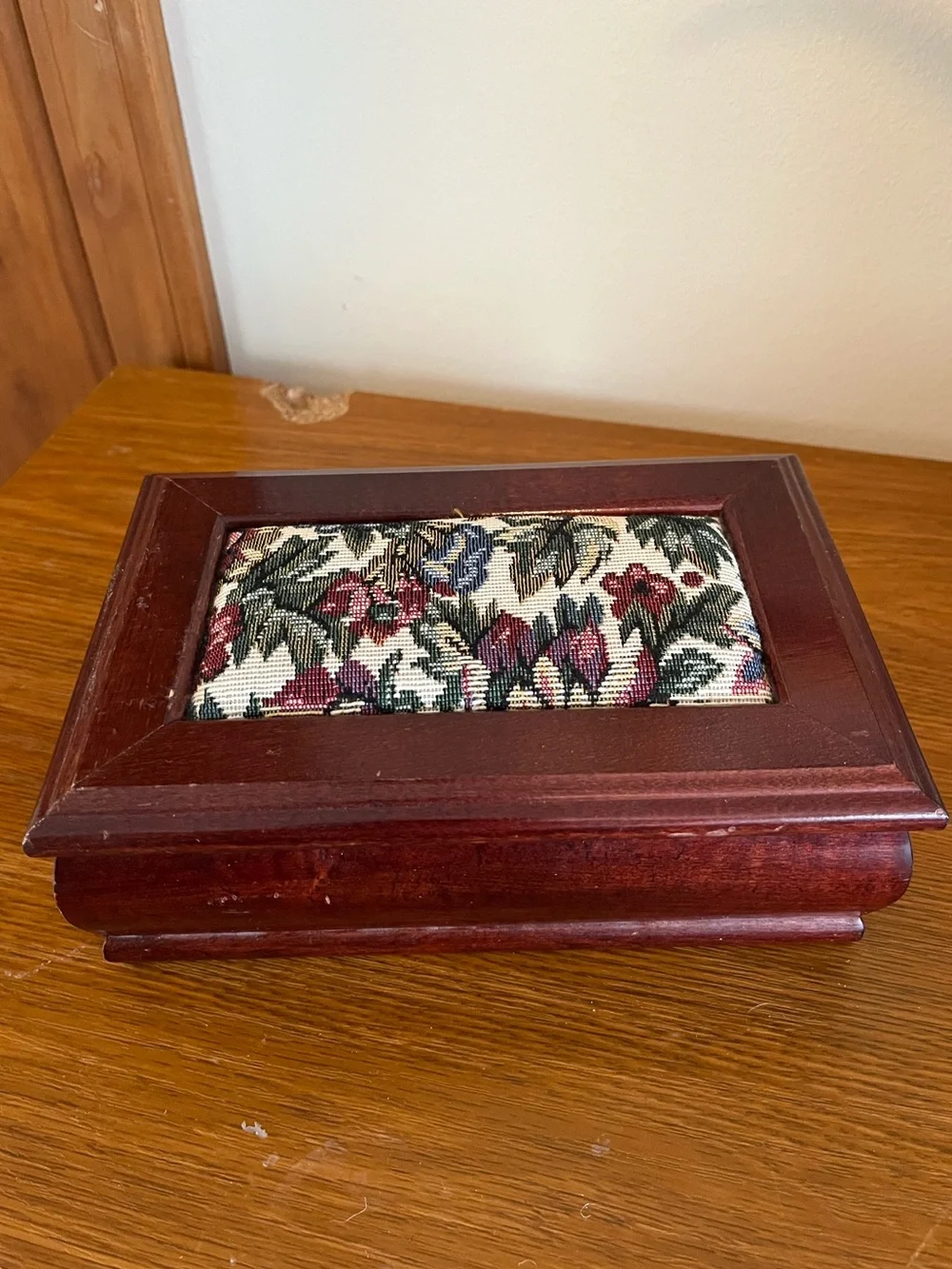 Wood Jewelry Box with Floral Needlepoint Inlay - Burgundy